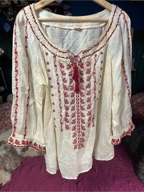 Meadow Rue Cream Tunic with Red Embroidery